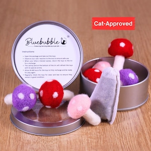 Jouets pour chats champignons feutrés infusés d'herbe à chat Silvervine avec boîte de recharge par Bluebubble, jouet pour chat en laine de Nouvelle-Zélande