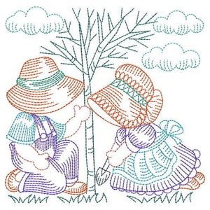 Sunbonnet Sue & Sam 12 Embroidered Quilt Blocks