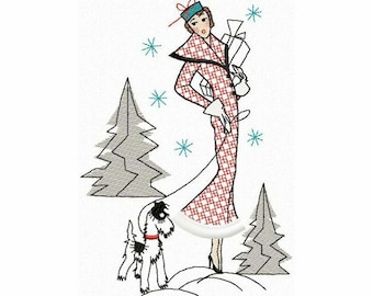 Retro Christmas Vintage Lady 12 QUILT Blocks Embroidered SET 4