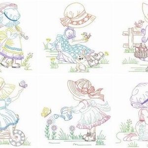 Sunbonnet Sue Embroidered Quilt Blocks Vintage Style