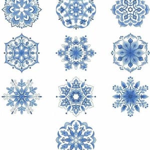 May include: Nine blue and white snowflake designs with intricate details. Each snowflake has a unique pattern and is surrounded by a white background.