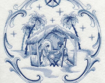 Delft Blue Nativity Christmas EMBROIDERED QUILT BLOCKS