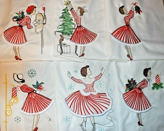 Christmas Retro Vintage Lady 12 QUILT Blocks Embroidered SET 1