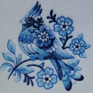 Delft Blue Birds Embroidered 7 Quilt Blocks