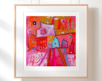 Colorful Art Houses in Pink Giclee Print Square on Somerset Velvet Paper Various Sizes for the art collector by Jodi Ohl