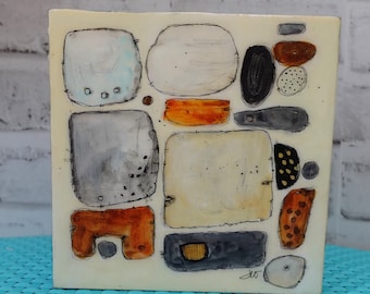 Sticks and Stones Collection: 6x6 square art "Big Fish in a Little Pond" acrylic and mixed media    by artist and author, Jodi Ohl