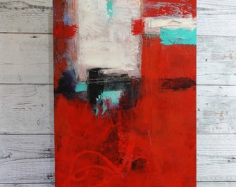 Vibrant and powerful Cold Wax and Oil Abstract Painting, rectangle shape on wood. Red and Aqua Abstract by Jodi Ohl