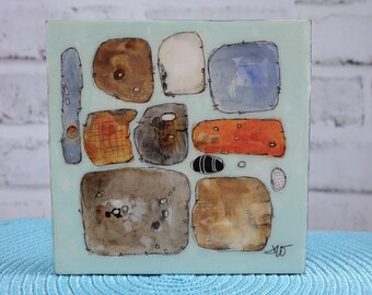 Sticks and Stones Collection:   "Stuck in the Middle"   6x6 playful  acrylic and mixed media Painting   by artist and author, Jodi Ohl