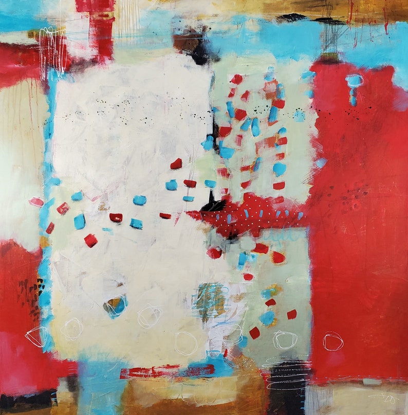 Red and Teal Large Abstract Painting One Step at a Time 36 x 36 original art by artist and author Jodi Ohl image 1