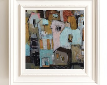 Neutral Colored Art Funky Houses Giclee Print Square on Somerset Velvet Paper Various Sizes Square Format by Jodi Ohl