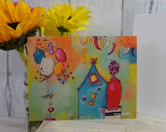 Set of 4! Balloon and House  Flat Note Card Mini Art Colorful Card  by Jodi Ohl