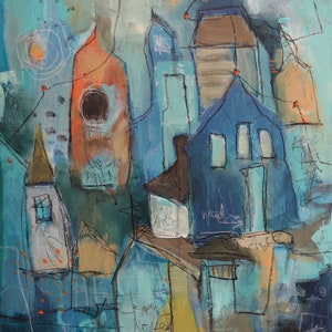 Deconstructed Houses Abstract Painting: Blue Orange Acrylic Art (16x20)