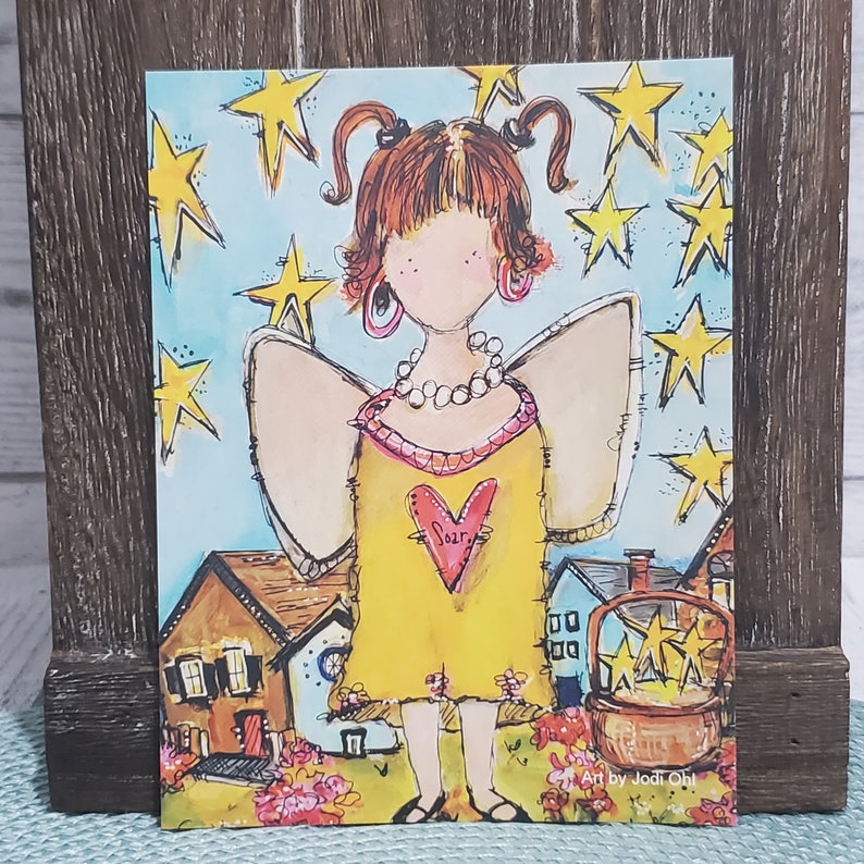 Set of 4 Yellow Angel Flat Note Card miniature Art note cards angels and houses by Jodi Ohl image 1