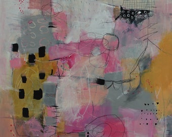 Square abstract in pink 12 x 12  on Wood  Wall Hanging Original by artist and author Jodi Ohl