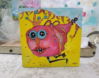 Whimsical  Character Painting Bird Fish Illustrated arylic painting 6x6 by Artist and Author Jodi Ohl