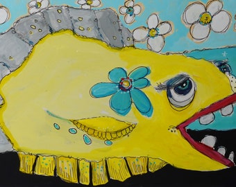 Daisy Fish Art for your Beach House, Fun colorful art for your home or office.  Rectangle Painting by artist Jodi Ohl