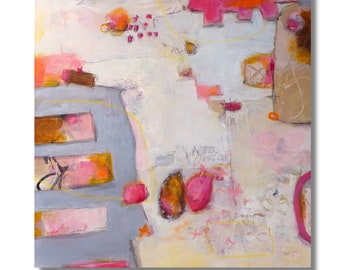 May include: Abstract painting featuring a grey, rectangular shape in the centre. The background is a blend of white, pink, and yellow with various shapes and lines. There are also small pink circles scattered throughout the painting.