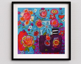 Colorful Flower Painting in Blue and Purple Giclee Print Square on Somerset Velvet Paper in Various Sizes by Jodi Ohl