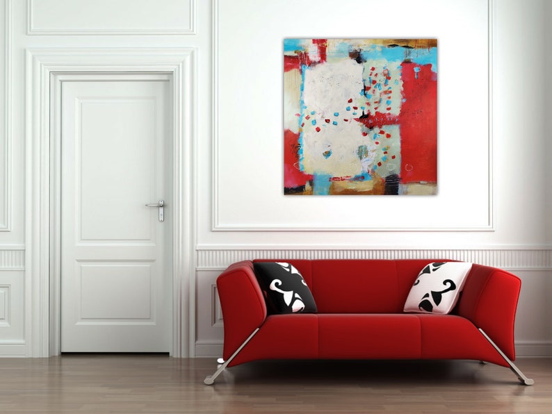 Red and Teal Large Abstract Painting One Step at a Time 36 x 36 original art by artist and author Jodi Ohl image 2