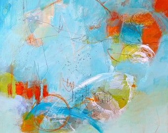 Expressive Abstract Art in Aqua and Orange:  "We All Go Through Some Things" by Jodi Ohl | 12x12 Canvas