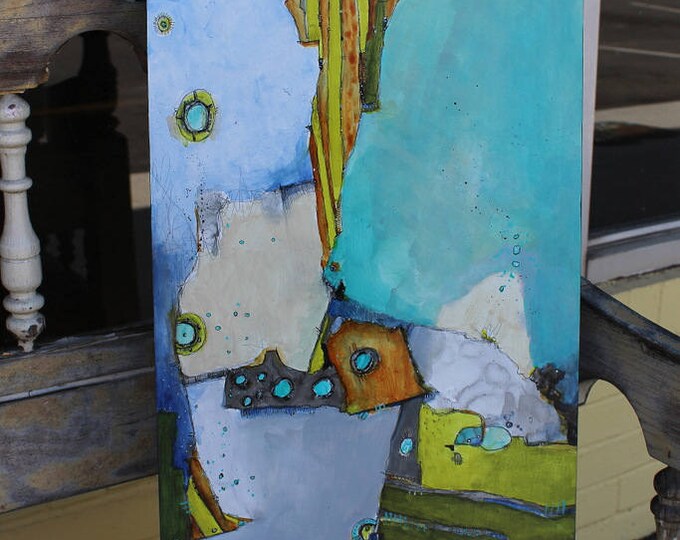 Original Modern Art Abstract Zen Painting Cradled 12 X 24 Blues Greens Gray the Tipping Point by