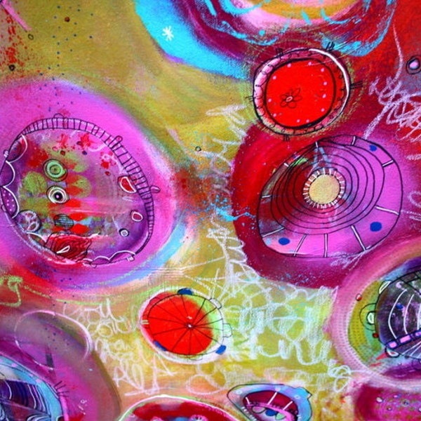 SALE! Orig Price 648.00 - Reveal  Large Pod and Portal Painting  24 x 36 in Reds, greens, blues, magenta  by Jodi Ohl
