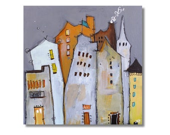 Small Funky Cityscape Art - Original Whimsical Painting by Jodi Ohl