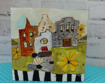 Sticks and Stones Collection:  Funky House art 6x6 original painting by artist and author, Jodi Ohl