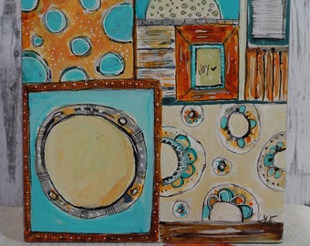 Mini abstract Geometric Shapes and Patterns in Aqua and Orange "Finding Joy" 6x6 original art by Jodi Ohl