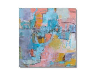 Make Your Voice Heard: Peach and Aqua Abstract Painting, 16x16 Wood Art by Jodi Ohl - Unique Gift for Art Collectors