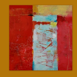 Original Cold Wax Oil Painting: Red Abstract Art on Wood (20x20)