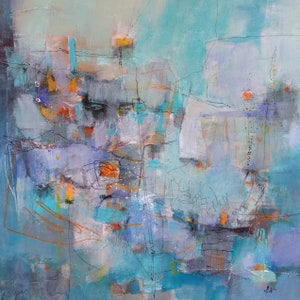 Original Abstract Acrylic Painting: Blues, Orange, Teal - 20x20 Canvas