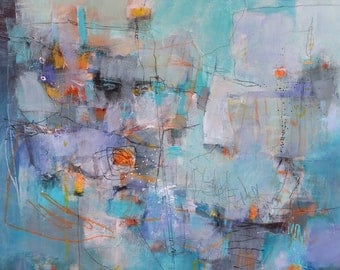 Modern Expressive Abstract Painting in blues and orange,  ORIGINAL ABSTRACT ART  on canvas by artist and author, Jodi Ohl