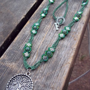 Celtic Tree of Life Beaded Micro Macrame Necklace Indian Agate Green and Silver Renaissance Cosplay