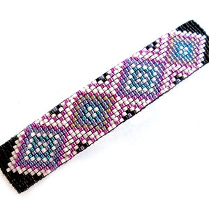 Abstract Geometric Diamonds Turquoise and Metallic Purple Handmade Beaded Barrette with Authentic French Clip