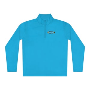 May include: A turquoise blue quarter-zip pullover with a small embroidered design of a pair of glasses on the left chest.