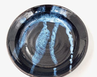 Yikes Stripes Shallow Bowl - Handmade Pottery - Black and Bright Blue