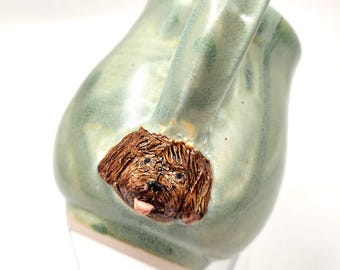 Shaggy Dog Face Porcelain Mug – Wheel-Thrown Ceramic Pottery, Light Green Glaze