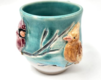 Hand-Sculpted Cardinals Porcelain Mug, Turquoise and White Glazes