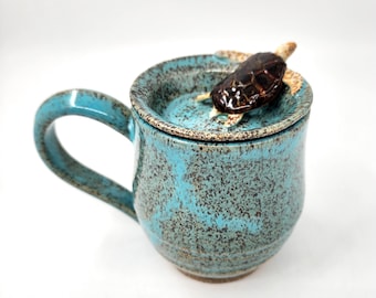 Sea Turtle Pottery Mug with Cover - Unique Sculpted Image on Wheel-thrown Cup and Dish