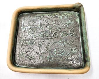 Rustic Rectangular Handmade Pottery Ring Dish or Spoon Rest - Seascape Stamped Image