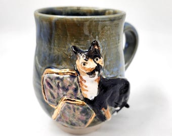 Hand-sculpted Calico Cat Bas Relief on Sapphire Porcelain Mug
