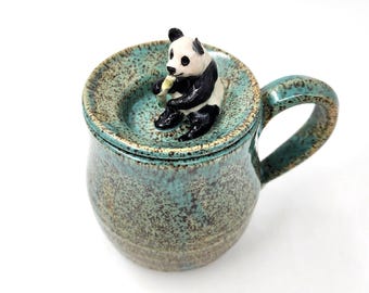 Panda Pottery Mug with Cover - Unique Sculpted Image on Wheel-thrown Cup and Dish