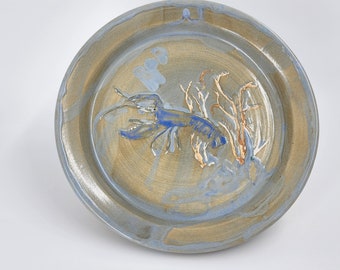 Special Gift - Blue Lobster And Seaweed Plate - Handmade Ceramics - Pottery