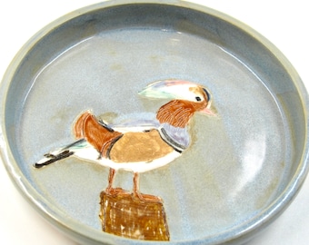 Mandarin Duck Plate - Handmade Ceramics - White Stoneware Clay - Tapas Size