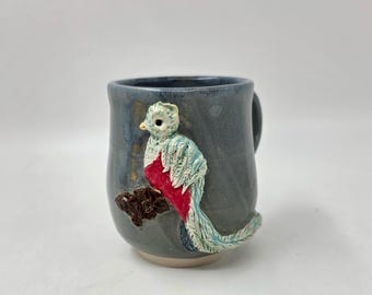 Quetzal Pottery Mug - Handmade Porcelain - Sculpted Bird