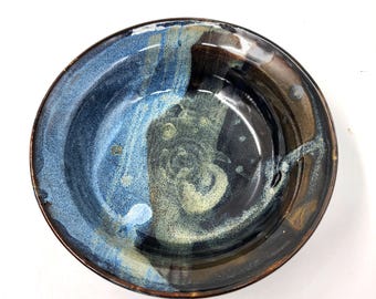 Handmade Pottery Dipping Bowl, Black & Blue Ceramic Ramekin