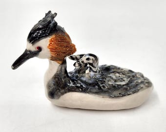 Great Crested Grebe Small Water Bird Sculpture - Handmade Pottery