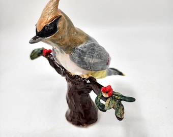 Cedar Waxwing Bird Sculpture - Handmade Pottery Statue