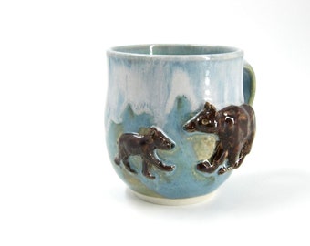 Mug - Yellowstone Brown Bears -  Stoneware Pottery Hand-sculpted Wildlife - Gift for Mom